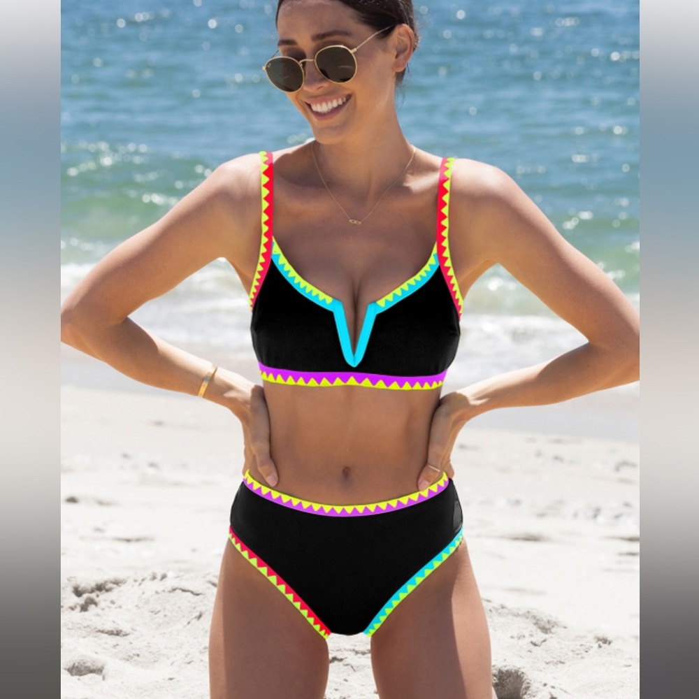 Colorful Neon Trim Black Bikini Set